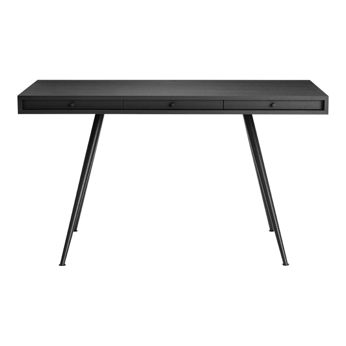 Sleek black desk with a smooth surface and minimalistic design, featuring three drawers and slender metal legs.