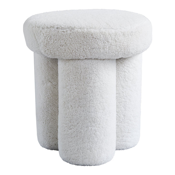 White fluffy accent stool featuring a rounded top and three cylindrical legs, perfect for modern decor.