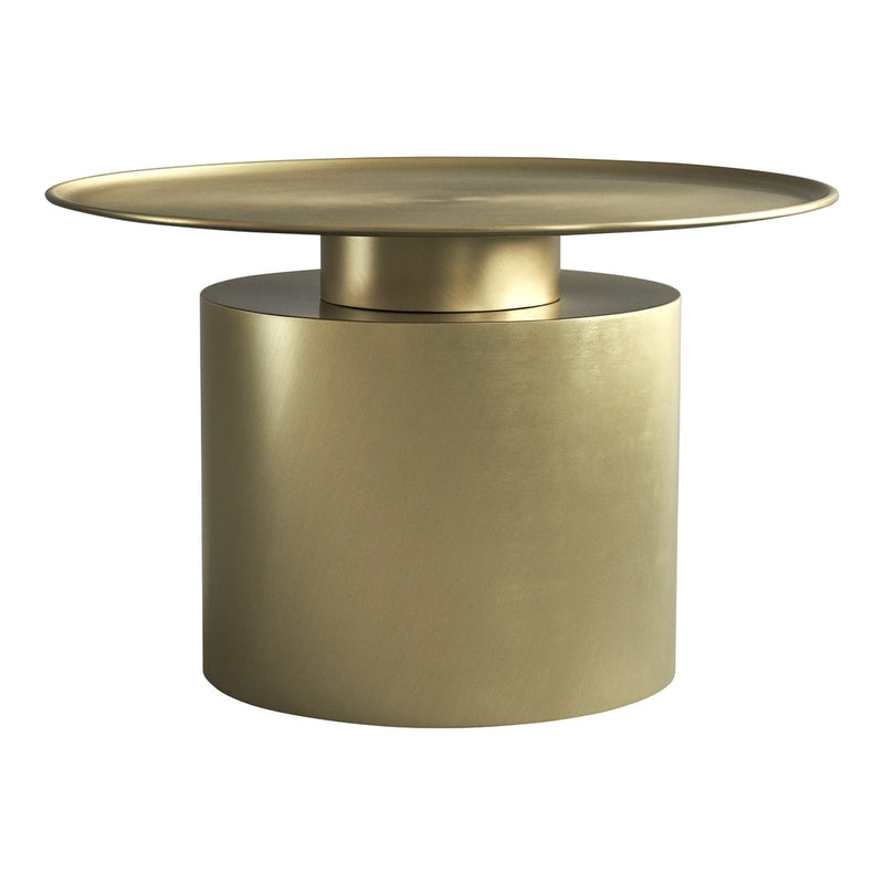 Gold round coffee table with a sleek, modern design featuring smooth metallic finishes. Perfect for stylish decor.