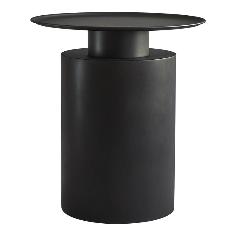 Sleek black accent table with a smooth matte finish and minimalist design, featuring a cylindrical base and round top.