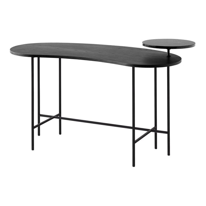 Modern black oval table with a sleek design featuring a contrasting smaller round top and minimalist black legs.