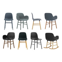 Set of modern chairs in black, gray, and wood finishes, showcasing various patterns and styles.