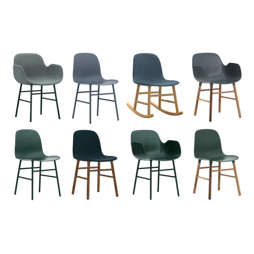 "Collection of modern chairs in shades of green and blue, featuring solid and patterned designs with wooden legs."