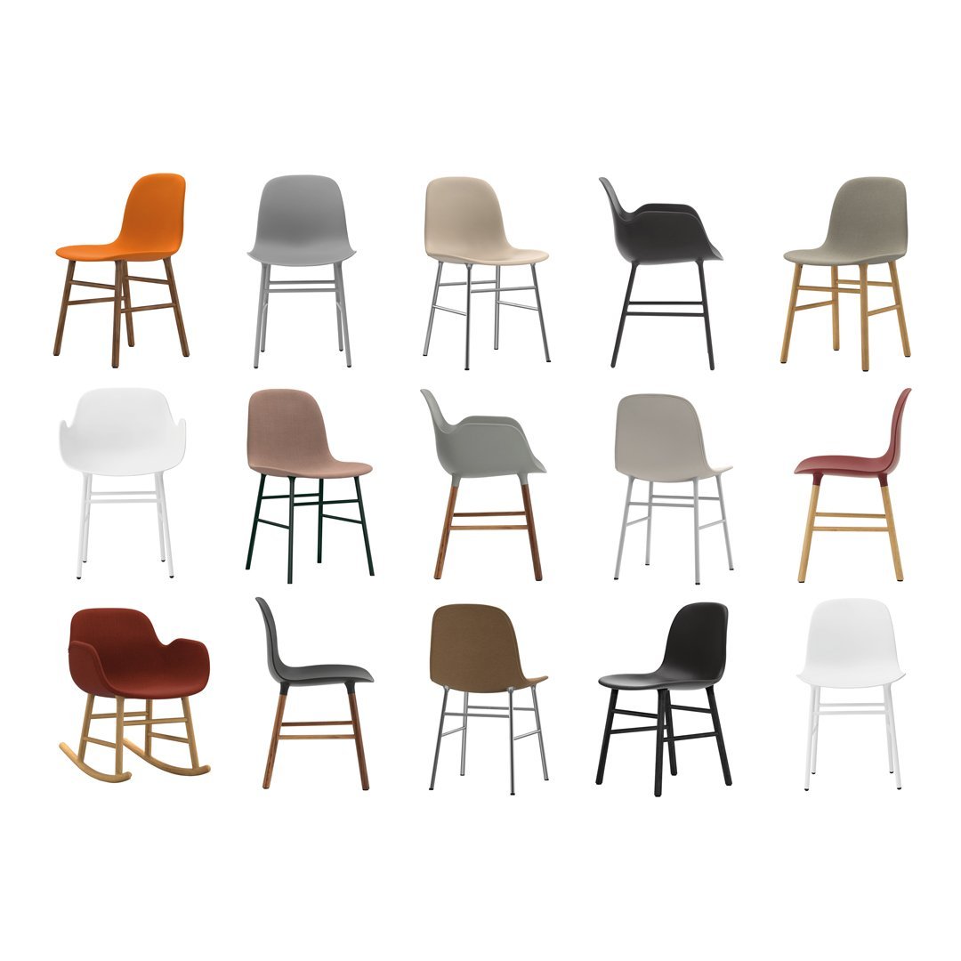 Collection of modern chairs in various colors: orange, gray, beige, white, brown, and red, featuring diverse designs.