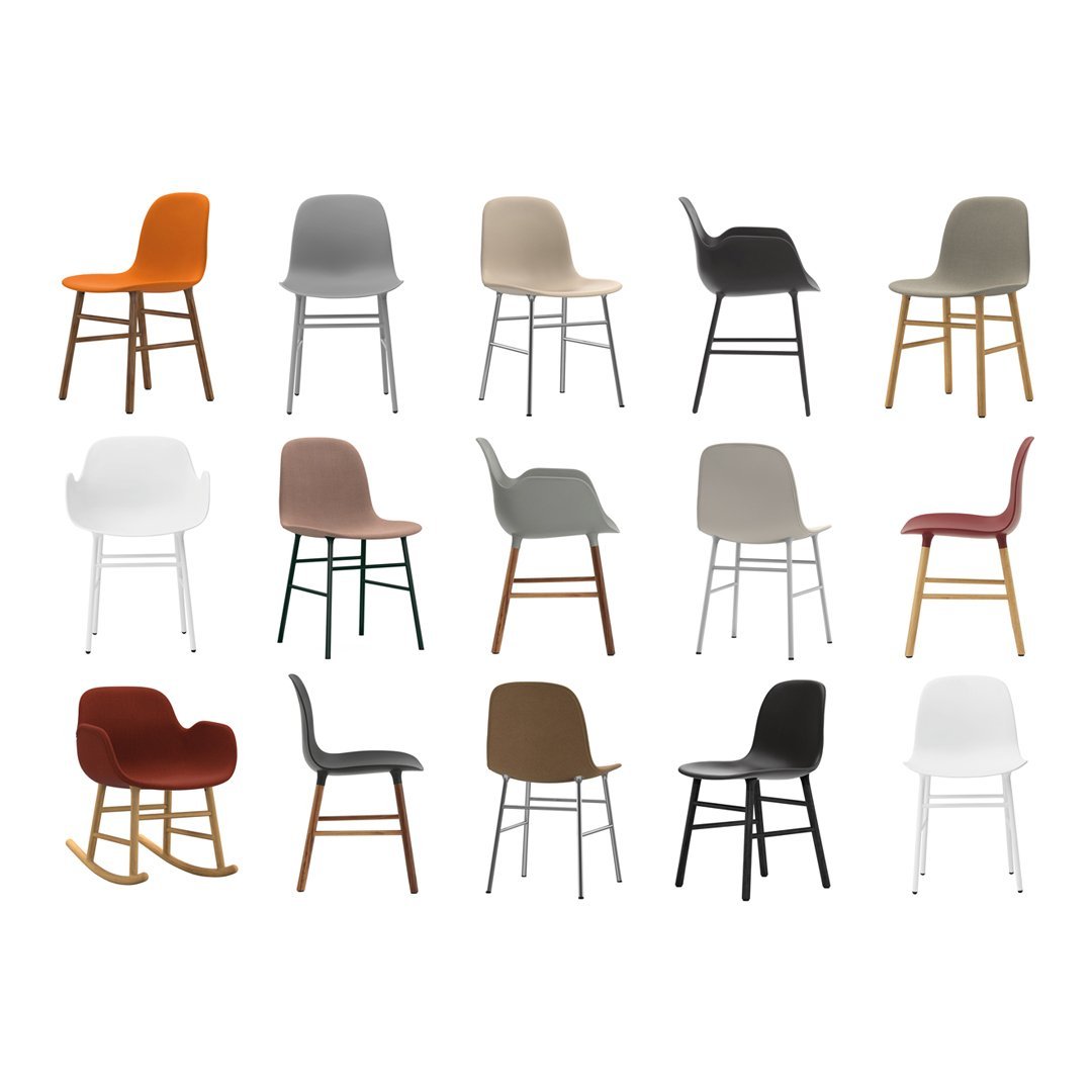 Collection of modern chairs in various colors including orange, grey, brown, black, white, and burgundy; multiple patterns.