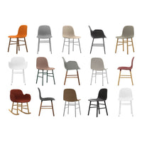 Collection of modern chairs in various colors including orange, grey, brown, black, white, and burgundy; multiple patterns.