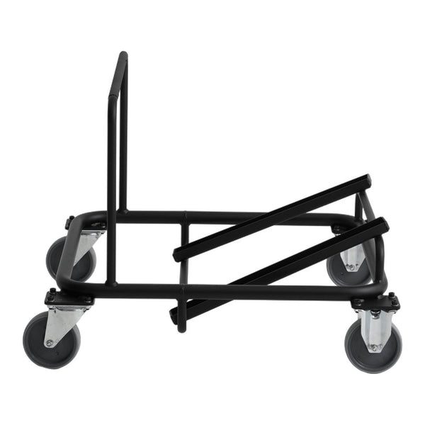 Black metal cart with a minimalist design, featuring smooth silver wheels for easy mobility.