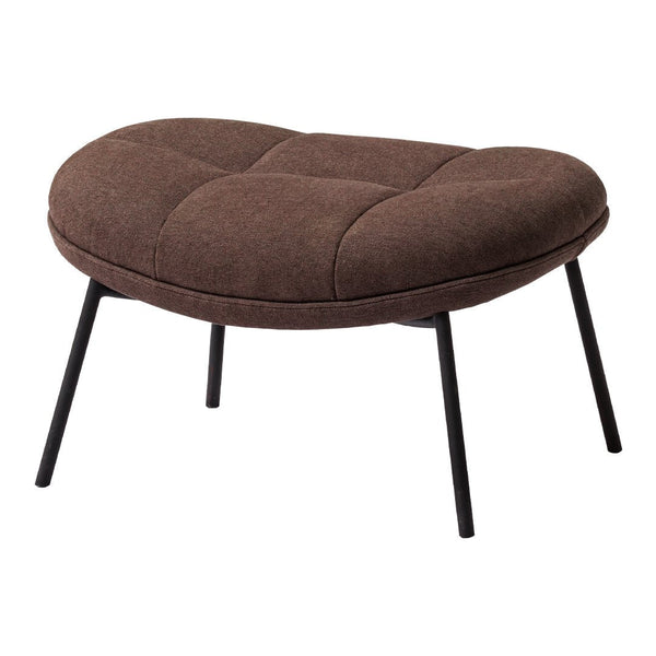 Brown tufted ottoman with sleek black legs, featuring a modern, rounded design and soft texture. Perfect for contemporary decor.