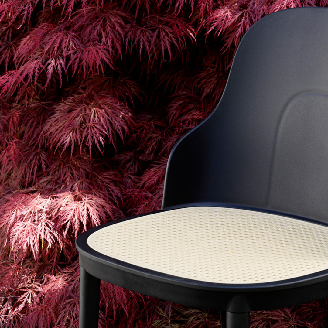 Black chair with a textured cream seat against a backdrop of vibrant red foliage.