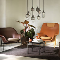 Stylish brown and tan chairs with modern design, surrounded by greenery and soft black rug, in a bright interior space.
