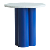 Round table with a sleek white top and bold blue cylindrical legs, showcasing modern color contrast and geometric design.