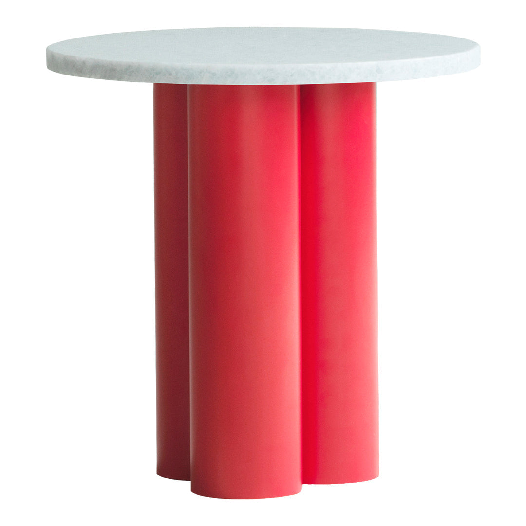 Round table with a white top and three bold red cylindrical legs, creating a modern, stylish contrast.