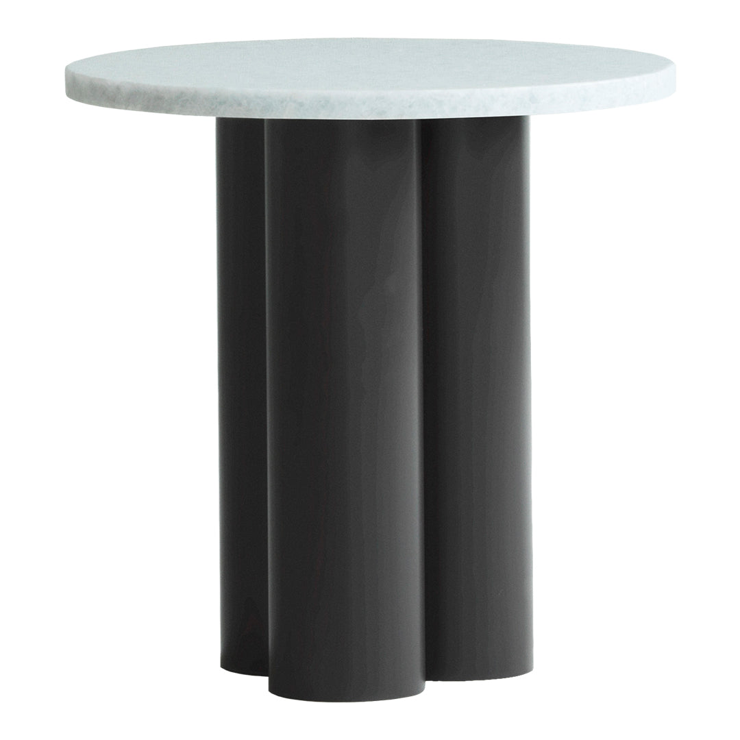 Round table with a light gray top and three sleek black cylindrical legs, offering a modern, minimal design.