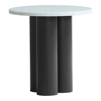 Round table with a light gray top and three sleek black cylindrical legs, offering a modern, minimal design.
