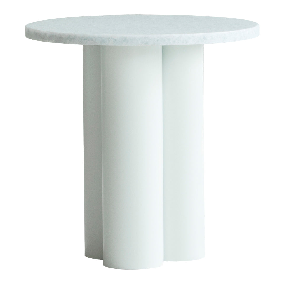Round white table featuring a smooth tabletop and three cylindrical pedestal legs for a modern look.