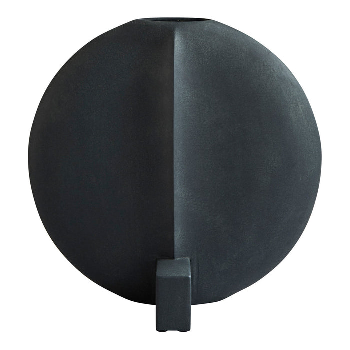 Black round vase with a matte finish and a geometric cutout, featuring a minimalist design. Perfect for modern decor.