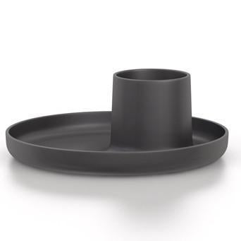 Matte black ceramic planter with a cylindrical holder and round base, showcasing a sleek, minimalist design.