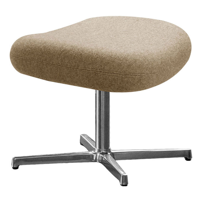 Tan upholstered stool with a smooth, rounded design and sleek silver base. Modern minimalistic style for any space.