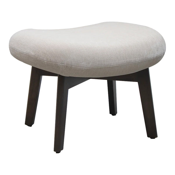 Neutral beige upholstered stool with a rounded shape and dark wooden legs. Perfect for modern decor.