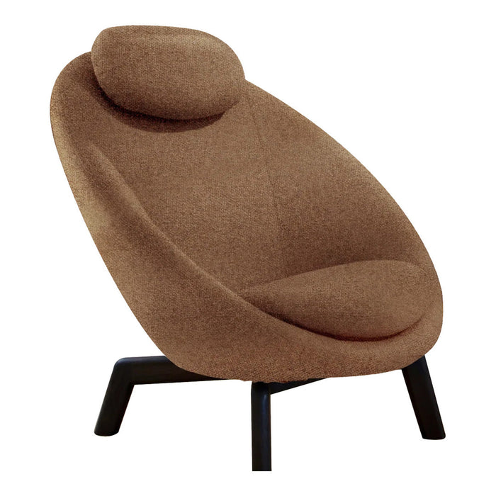 Brown upholstered chair with a smooth, curved design and a cozy, padded headrest. Black wooden legs contrast beautifully.