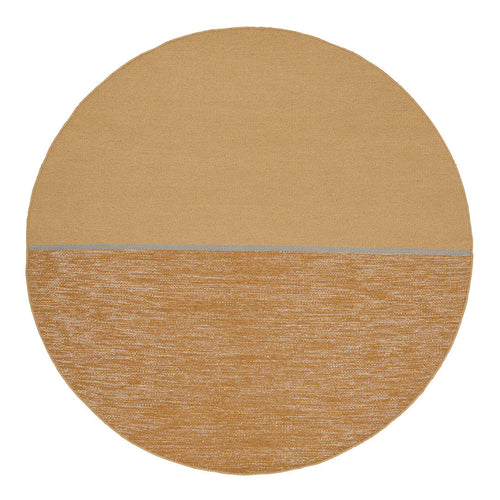 Round rug featuring a two-tone design in warm beige and textured light brown, accented with a subtle gray stripe.