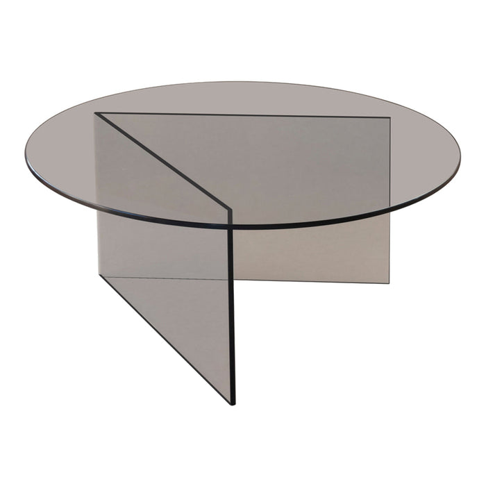 Smoky gray round coffee table with modern geometric design and transparent acrylic construction.