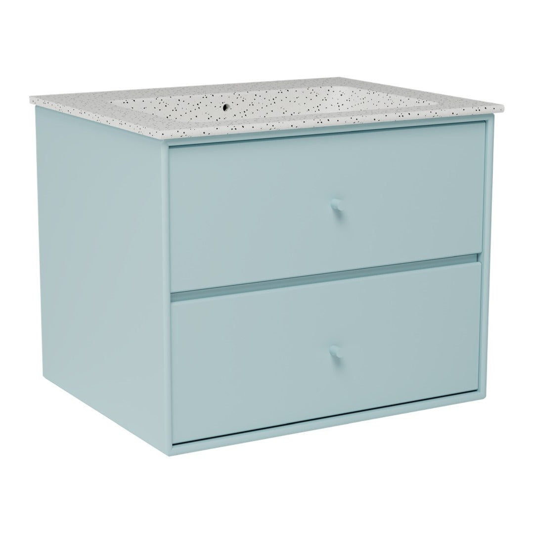 Soft blue vanity with a textured white speckled countertop and simple drawer handles. Modern and stylish addition to any bathroom.