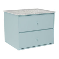 Soft blue vanity with a textured white speckled countertop and simple drawer handles. Modern and stylish addition to any bathroom.