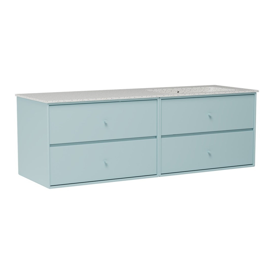 Light blue modern dresser with four smooth drawers and a sleek, minimalist design. Perfect for contemporary interiors.