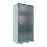 Light blue storage cabinet with a sleek, vertical design and smooth surface, featuring ribbed pattern on the doors.