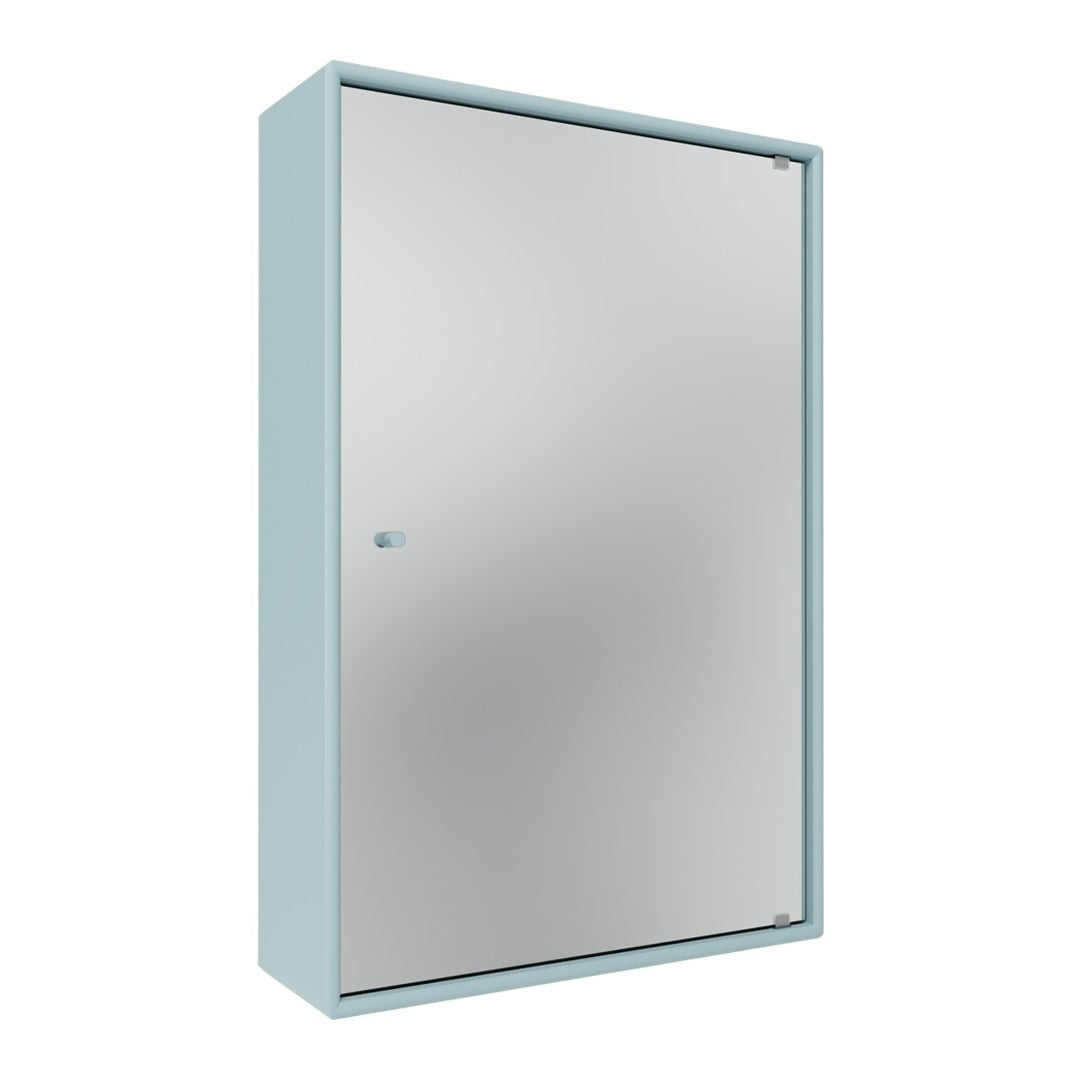 Light blue cabinet with a sleek, mirrored front, featuring a minimalist design and smooth, clean lines.