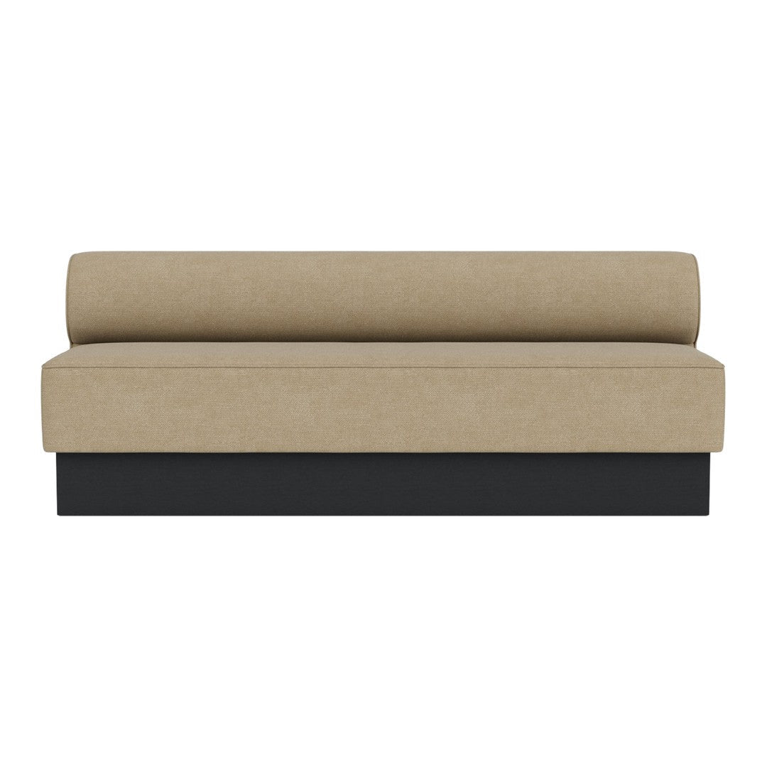 Neutral beige fabric loveseat with a sleek black base, featuring a minimalist design and cylindrical back cushion.