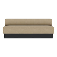 Neutral beige fabric loveseat with a sleek black base, featuring a minimalist design and cylindrical back cushion.