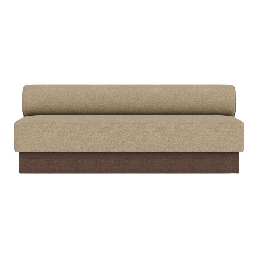 Beige upholstered sofa with a smooth surface and dark wood base, featuring a minimalist and modern design.