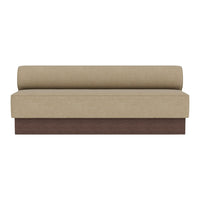 Beige upholstered sofa with a smooth surface and dark wood base, featuring a minimalist and modern design.