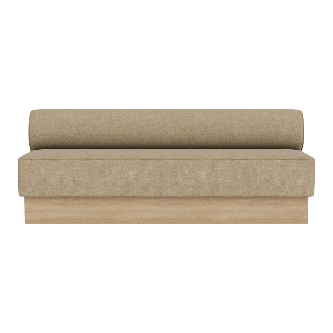 Neutral beige sofa with a smooth, solid pattern and a light wood base, perfect for modern and minimalist decor.