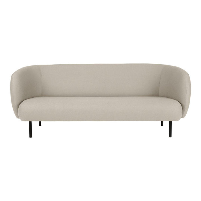 Beige modern sofa with a smooth, curved design and black metal legs, ideal for contemporary interiors.