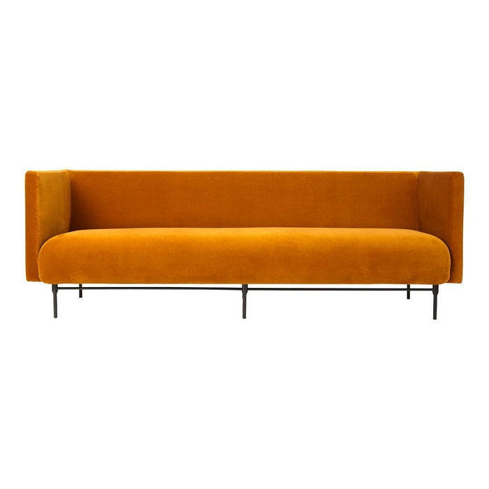 Mustard yellow velvet sofa with a sleek, minimalist design and black metal legs. Ideal for modern decor.