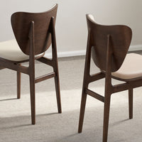 Brown wooden chairs with a sleek design and light beige upholstery, featuring smooth curves and clean lines.