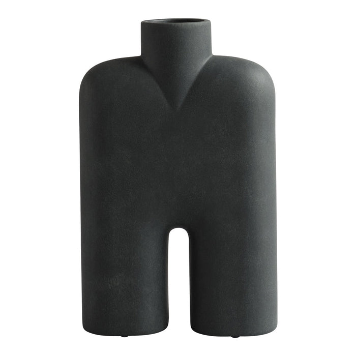 Matte black ceramic vase with a unique human-like silhouette and smooth, minimalist design. Perfect for modern decor.