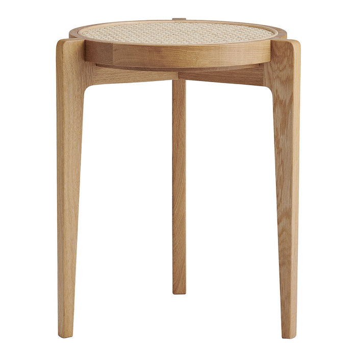 Light oak wood side table with natural cane top featuring a woven pattern, perfect for modern decor.