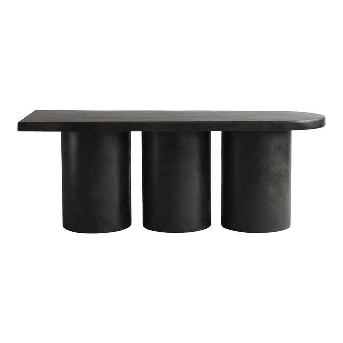 Sleek black console table with a smooth, matte finish and three cylindrical legs for a modern touch.