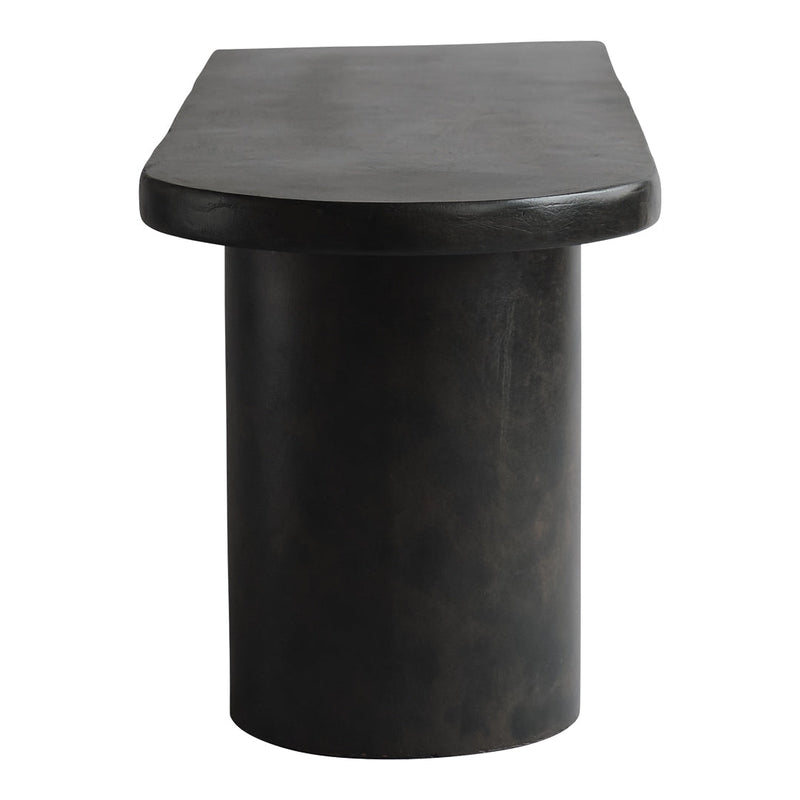 Sleek black modern table with a smooth top and cylindrical base, featuring a minimalist design and elegant finish.