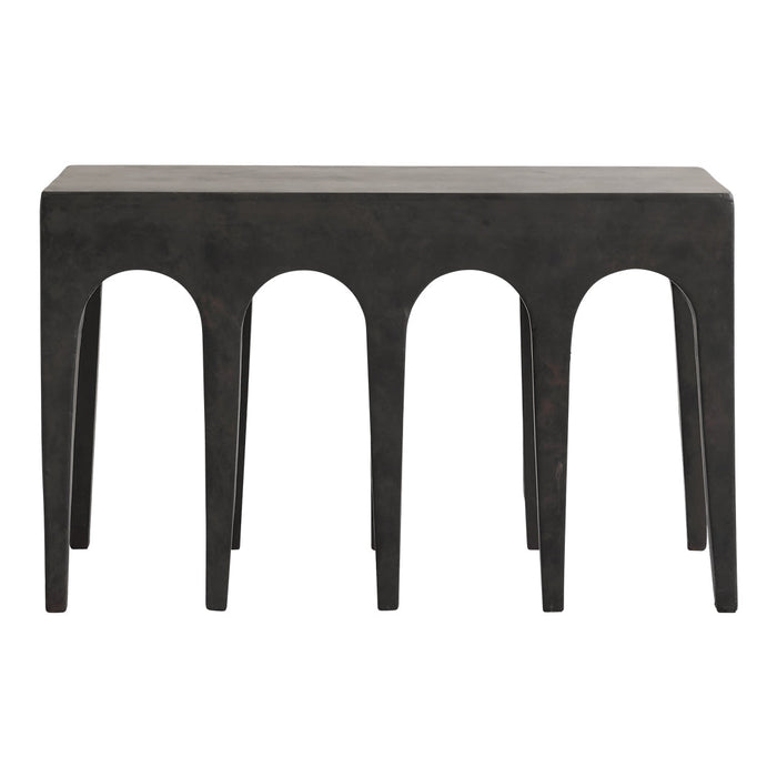 Black console table featuring a smooth finish and arched cutout patterns for a modern touch.
