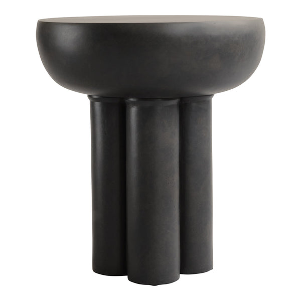 "Matte black pedestal table with a smooth rounded top and four cylindrical legs."