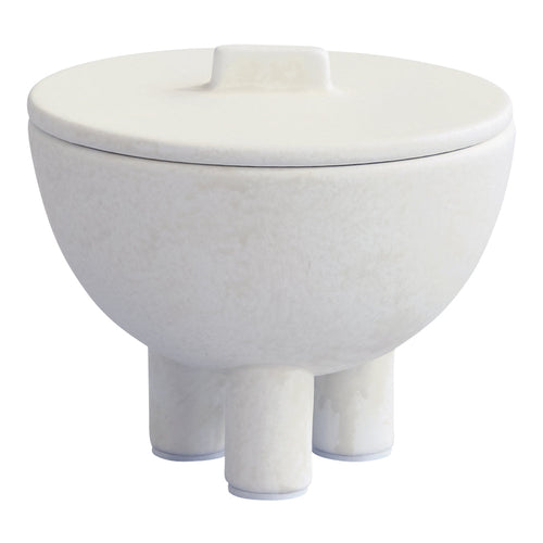 White ceramic bowl with a smooth finish and minimalistic design, featuring subtle texture and three short legs.