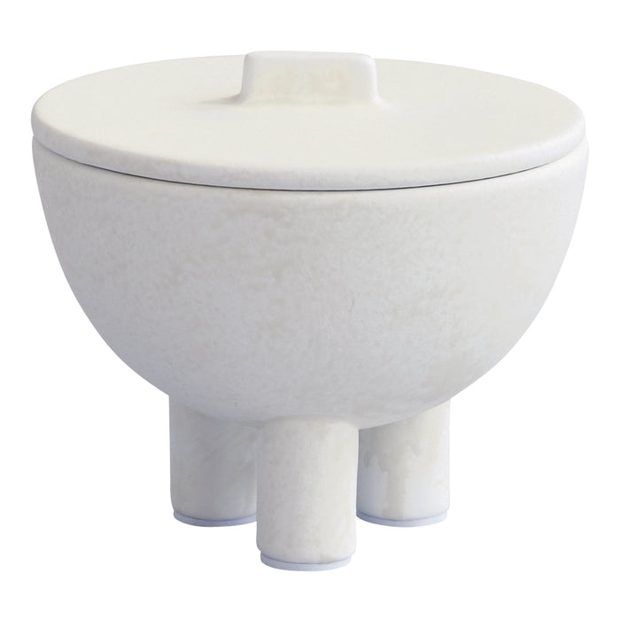 White ceramic bowl with a smooth finish and minimalistic design, featuring subtle texture and three short legs.