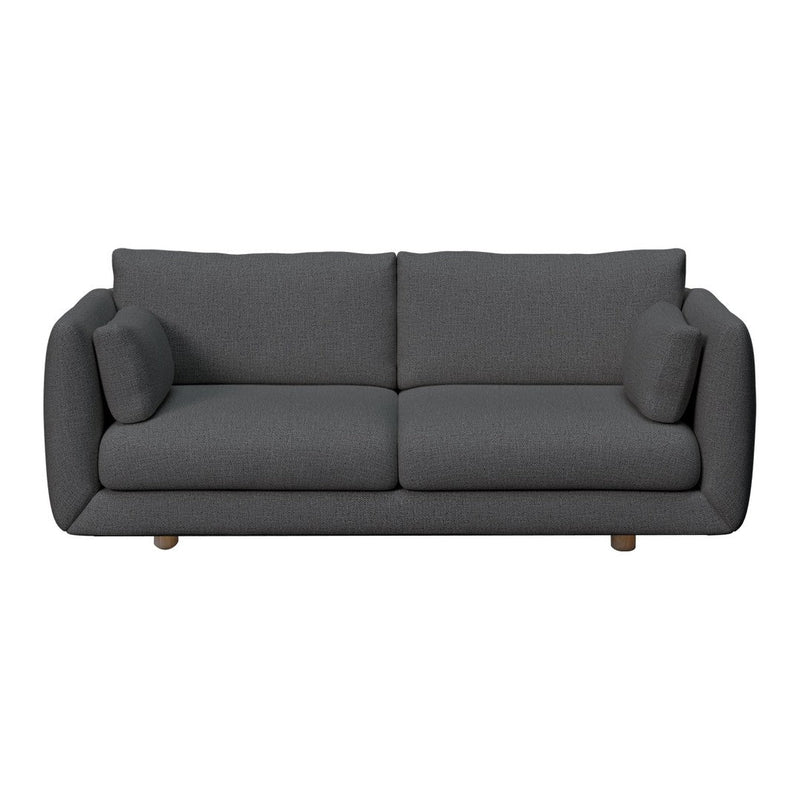 Sleek gray upholstered sofa with minimalist design and soft, rounded edges. Ideal for modern living spaces.