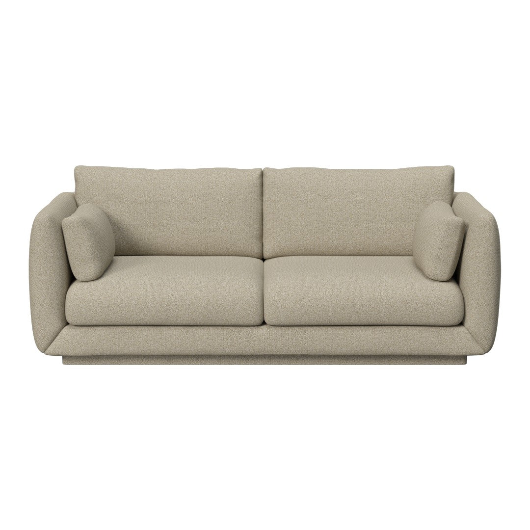 Beige upholstered sofa with a smooth, textured fabric and minimalist design, featuring large, supportive cushions.