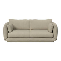 Beige upholstered sofa with a smooth, textured fabric and minimalist design, featuring large, supportive cushions.